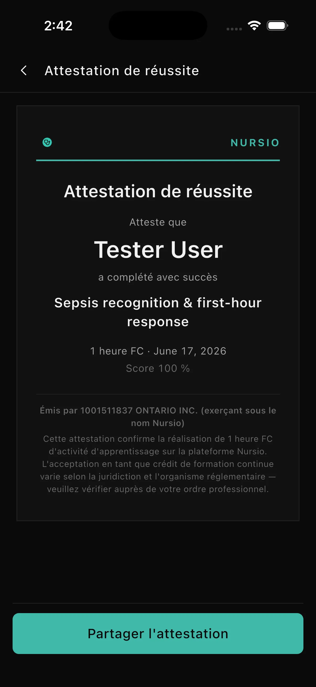 Attestation de réussite Nursio dans l'application