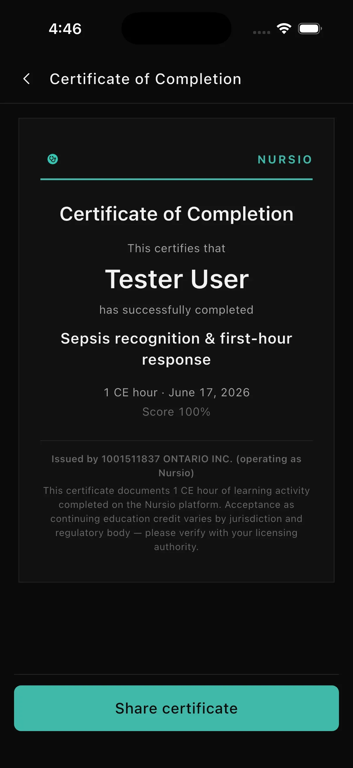 Nursio certificate of completion in the app