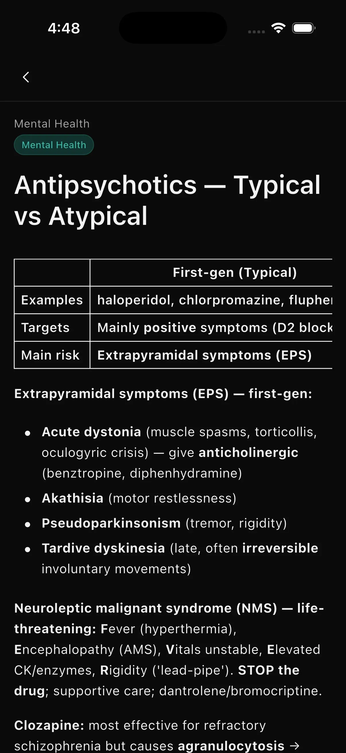Nursio flashcards screen — a clinical mnemonic card in the app