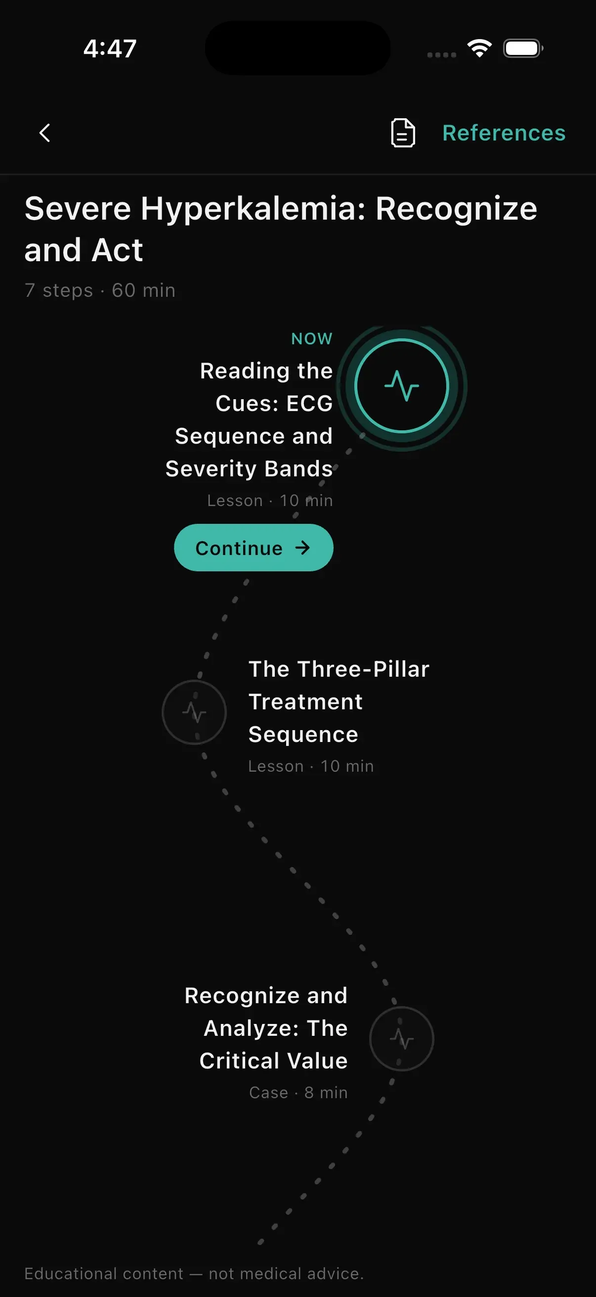 Nursio clinical path screen — a topic split into ordered steps of cases and micro-lessons, with the current step highlighted