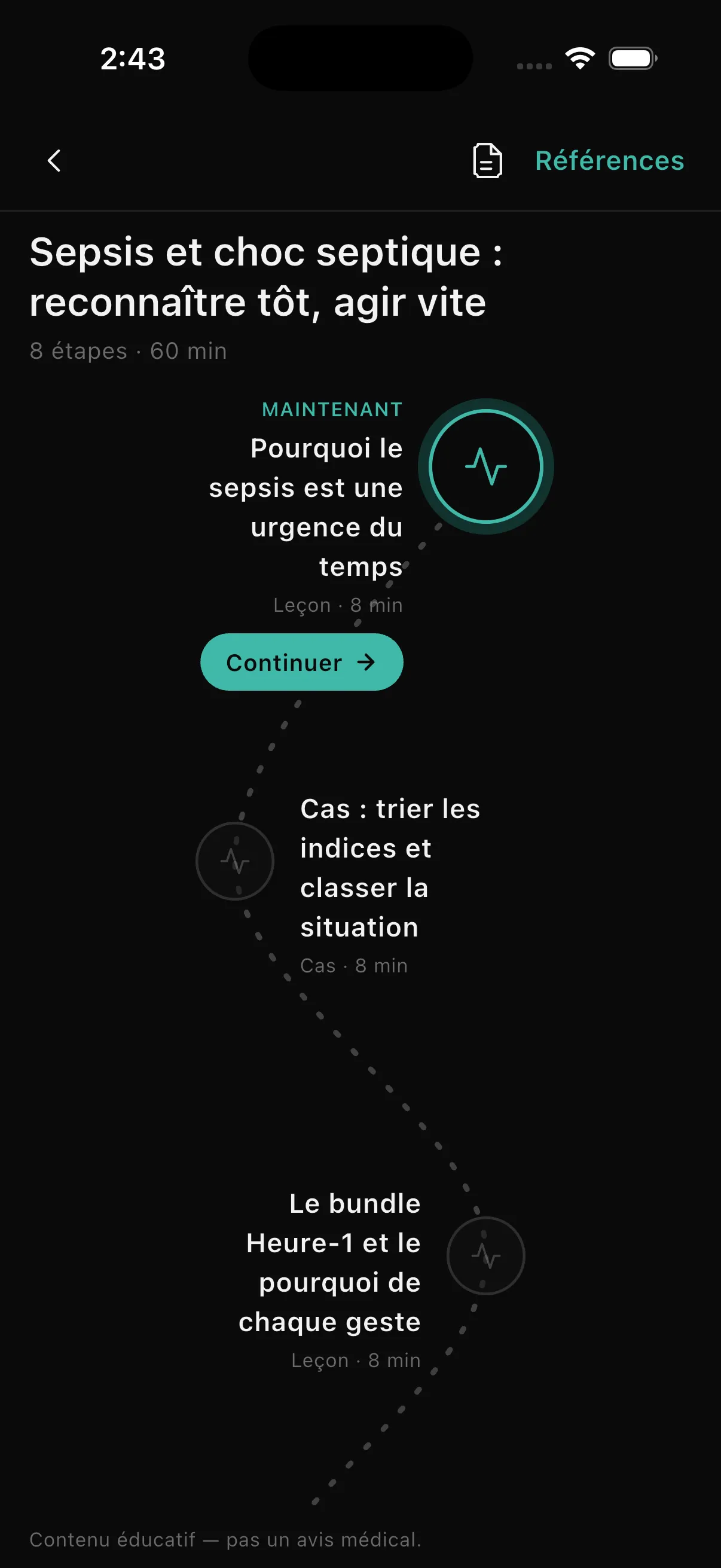 Écran de parcours clinique Nursio — un sujet découpé en étapes ordonnées de situations et de micro-leçons, avec l’étape en cours mise en évidence